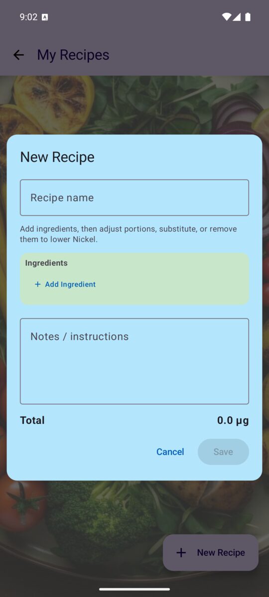 Recipe builder dialog with name, ingredients and notes fields