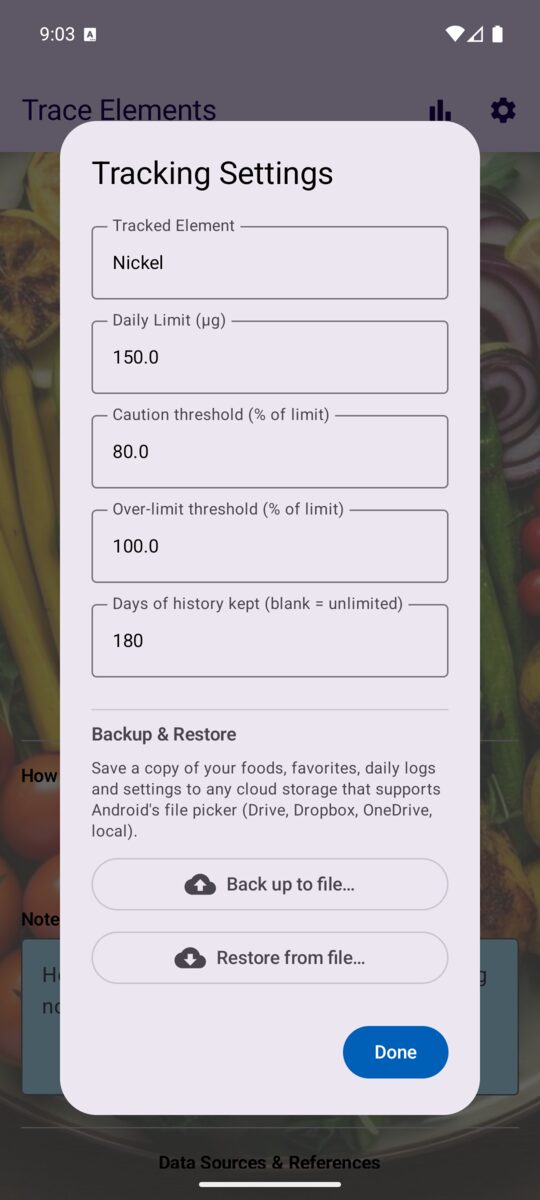 Tracking Settings dialog with element, limit, thresholds, history and backup options