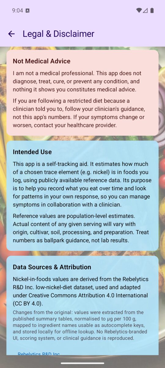 The app's Legal & Disclaimer screen