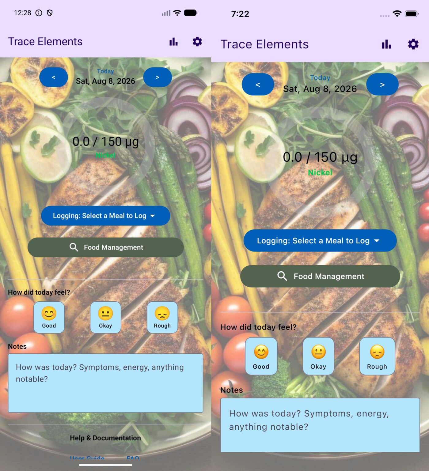 Trace Elements home screen running side by side on Android and iOS with identical layout and imagery